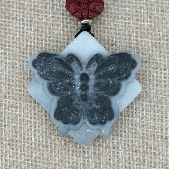 Tai Chi Stone Butterfly Pendant Necklace with Silver and Cinnabar on Rope - Picture 10 of 12